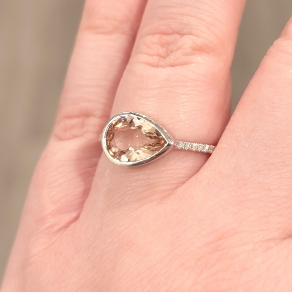 18K Morganite Diamond Ring: 3 Carat Pear Solitaire Peach Bezel Size 7.25 - Picture 6 of 11
